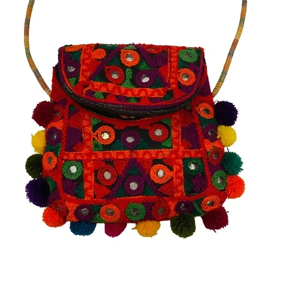 Embroidered Mini Bag Pom Pom Multicolored Shoulder Bag - Picture 2 of 10